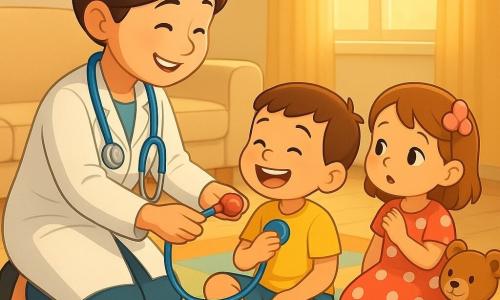 Smiling female doctor with brown hair in a soft bun, wearing a slightly wrinkled white coat and a blue stethoscope, kneels and offers a toy stethoscope to two children; a laughing ~4-year-old boy with short hair and striped socks holds the toy to his chest on a colorful rug, and a ~3-year-old girl in a polka-dot dress with a pink hairclip touches her clip while watching, seated near a teddy and a toy cup, in a cozy, sunlit living room with a cream sofa, multicolored rug, scattered toys (red ball, teddy, toy cups) and a star-shaped bandage box on the coffee table — a tender, reassuring moment as the doctor calmly explains and listens to their hearts, warm colors and golden morning light, relaxed expressions.