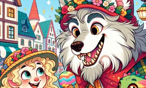 Au centre da imagem, um lobisomem alegre chamado Garou, com pelagem cinza e olhos brilhantes de travessura, usa um chapéu colorido decorado com flores. Ele sorri amplamente, mostrando seus dentes afiados, enquanto segura uma grande colher de madeira, pronto para servir sorvetes. Ao seu lado, uma menina de cerca de 8 anos, com cabelos cacheados e dourados, vestindo um vestido de bolinhas vermelhas, observa Garou com admiração. Ela segura um cone de sorvete de morango, com os olhos brilhando de alegria. Perto deles, um pequeno dragão verde chamado Bilu, com escamas cintilantes e olhos dourados, voa alegremente ao redor, deixando para trás um rastro de brilhos. A cena acontece na charmosa praça da Vila das Maravilhas, cercada por casas coloridas com telhados inclinados, flores vibrantes e uma fonte mágica que projeta arco-íris no céu azul. Nesta ilustração, Garou e Bilu acabaram de encontrar um velho carrinho de sorvetes e celebram seu sucesso compartilhando sorvetes com as crianças da aldeia, criando uma atmosfera de festa e camaradagem.