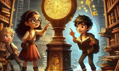 Em uma antiga biblioteca misteriosa, três amigos estão no centro da cena. À esquerda, **Sofia**, uma menina de 11 anos com cabelos cacheados e óculos redondos, observa maravilhada um livro antigo aberto à sua frente. À direita, **Miguel**, um garoto de 11 anos com cabelos negros bagunçados e um sorriso travesso, aponta para uma chave dourada que flutua no ar. No centro, **Clara**, uma menina de 11 anos com cabelos loiros trançados e um olhar pensativo, segura um velho livro de feitiços, com as sobrancelhas franzidas, como se estivesse resolvendo um enigma. A biblioteca é escura e cheia de livros empoeirados, com prateleiras de madeira esculpida que vão até o teto. Teias de aranha pendem nos cantos, e uma luz mágica emana de um grande Relógio das Sombras, posicionado em um pedestal no meio da sala, iluminando os rostos das crianças com um brilho dourado. Os três amigos estão descobrindo o Relógio das Sombras, uma peça mágica que pulsa de energia, enquanto se preparam para restaurar a paz entre humanos e sombras.