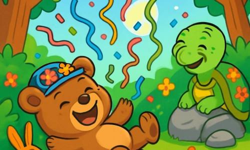 No centro da imagem, Ursinho Bolota, um urso de pelúcia marrom com um sorriso travesso e olhos brilhantes, está deitado no chão, rindo muito. Suas pequenas orelhas redondas se levantam alegremente, e ele usa um chapéu colorido adornado com flores. À sua direita, Dona Tarta-Lenta, uma velha tartaruga com uma carapaça verde decorada com padrões florais, sorri suavemente, os olhos apertados de felicidade. Ela está sentada em uma pedra, observando a cena com diversão. Ao fundo, a floresta é vibrante de cores, com grandes árvores de folhas verdes brilhantes e flores multicoloridas que dançam ao vento. Um raio de sol filtra através dos galhos, iluminando a cena com uma luz dourada. A situação principal mostra Bolota rindo alto após ser surpreendido por uma chuva de confetes e serpentinas, enquanto os outros animais escondidos nos arbustos riem, celebrando a brincadeira alegre que foi preparada para ele.