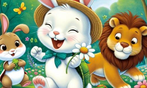 Un coniglio di nome Bobo, con pelliccia bianca e orecchie lunghe, salta di gioia in un prato fiorito, sorridendo. Indossa un cappellino di paglia colorato e tiene una margherita nelle zampe anteriori, esprimendo curiosità e felicità. Accanto a lui, Tina la tartaruga, con la sua carapace verde brillante e un'espressione felice, osserva i fiori con attenzione. Leo il leone, maestoso con la criniera dorata, tiene una grande foglia verde nella zampa, pronto a mostrare la sua scoperta. Gigi il ghiro, piccolo e peluche, salta intorno a loro con un'aria espiègle, tenendo un uccellino colorato. Il luogo è un bosco incantato, pieno di fiori colorati sotto un cielo azzurro, con raggi di sole che filtrano tra gli alberi verdi. La scena principale mostra Bobo e i suoi amici in una caccia al tesoro primaverile, ridendo e divertendosi insieme.