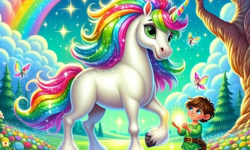 Eine wunderschöne weiße Einhorn mit einer schimmernden Mähne in Regenbogenfarben steht stolz im Zentrum des Bildes. Ihre großen, leuchtenden Augen drücken Entschlossenheit und Freundlichkeit aus. Sie ist von leuchtenden Blumen und kleinen Feen umgeben, die um sie herumtanzen. An ihrer rechten Seite hält ein 8-jähriger Junge mit zerzausten braunen Haaren und einem mutigen Lächeln einen strahlenden magischen Kristall in seinen Händen, bereit, seine Freundin zu verteidigen. Er trägt eine grüne Tunika und Lederhosen und steht fest auf dem grasbewachsenen Boden. Die Szenerie zeigt ein verzaubertes Tal, das mit bunten Blumen, großen Bäumen mit knorrigen Stämmen und einem blauen Himmel voller fluffiger Wolken gefüllt ist. In der Ferne stürzt ein glitzernder Wasserfall in einen kristallklaren Bach. Die Szene stellt den Moment dar, in dem das Einhorn und der Junge sich darauf vorbereiten, einem bösen Troll entgegenzutreten, der ihre magische Welt bedroht, und vereinen ihre Kräfte, um die Magie des Tals zu schützen.