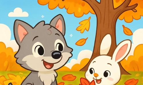 Un pequeño lobo llamado Lolo, con un pelaje gris suave y ojos brillantes de curiosidad, está sentado sobre una alfombra de hojas multicolores, sonriendo con asombro. A su lado, un pequeño conejo llamado Tito, con pelaje blanco y grandes orejas, mira con entusiasmo una hoja roja brillante que sostiene con sus patas. Al fondo, un gran roble majestuoso se alza, sus ramas adornadas con hojas doradas que caen suavemente al suelo. El cielo es de un azul claro, salpicado de nubes blancas y esponjosas, y el suelo está cubierto de una hermosa mosaico de hojas amarillas, rojas y naranjas. Lolo y Tito exploran alegremente el cambio de estación, maravillados por la belleza del otoño que los rodea.