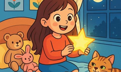 Una niña de 8 años, llamada Lucía, con largos cabellos castaños y ojos llenos de curiosidad, está sentada en su cama, rodeada de peluches. Tiene una sonrisa maravillada y mejillas sonrosadas, sosteniendo una estrella de papel brillante en sus manos. A su lado, un gato atigrado llamado Mimoso, con un pelaje suave y ojos verdes traviesos, está acostado en la cama, con las patas extendidas, pareciendo dormido pero atento. La habitación es acogedora, con paredes pintadas de azul pastel, cortinas de encaje y pósters de flores coloridas. Una suave luz de luna filtra a través de la ventana, iluminando la habitación con un resplandor tranquilizador. Lucía, asombrada, se prepara para colocar la estrella en el alféizar de la ventana, mientras que Mimoso, curioso, la observa con una expresión traviesa. La atmósfera es mágica, llena de sueños y promesas, mientras la noche envuelve suavemente el mundo exterior.