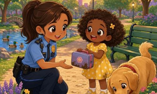 Officer Emma, a smiling reassuring woman with a round face and brown ponytail in a light blue uniform and shiny badge, kneels and reaches toward a lunchbox as Max, a wagging-tailed golden retriever with a red collar, sniffs a nearby flowering bush; seven-year-old Mia, with curly brown hair in a yellow dress with white polka dots, stands in front of a green wooden bench holding a slightly muddy lunchbox, relieved and joyful. The colorful park has a beige gravel path, pond with ducks, round-leaved trees and a pastel twilight sky. The scene captures the moment Max discovers the box under the bush, Emma comforting Mia, with soft light, vivid colors, centered warm composition in chibi kawaii style, thick contrasting lines and playful textures.