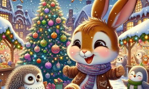 In einem charmanten verschneiten Dorf springt ein kleiner Hase namens Felix mit seinem weichen braunen Fell und den großen aufrechten Ohren fröhlich neben einem prächtigen Weihnachtsbaum, der mit glitzernden Girlanden und bunten Kugeln geschmückt ist. Neben ihm fliegt ein kleines Eulchen namens Emma mit weißen Federn und funkelnden Augen fröhlich um den Baum und teilt ihre Begeisterung, während ein schüchterner Igel namens Max mit seinem stacheligen Rücken und einem sanften Lächeln die Dekorationen bewundernd aus der Ferne betrachtet. Der Weihnachtsmarkt ist lebhaft, gefüllt mit bunten Ständen, die Leckereien, Holzspielzeug und glänzende Lichter verkaufen, während sanfte Schneeflocken vom sternenklaren Himmel fallen und der festlichen Stimmung einen magischen Touch verleihen. Die Szene zeigt Felix und seine Freunde, die zusammen singen, umgeben von Lachen und Freude, und den Geist von Weihnachten in einer warmen und freundlichen Atmosphäre feiern.