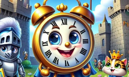 Un pequeño personaje en forma de despertador, con una cara sonriente y ojos brillantes, se encuentra en el centro de la imagen, irradiando alegría y emoción. Sus agujas doradas brillan bajo la luz, y parece listo para la aventura. A su derecha, un caballero en armadura reluciente, con una gran sonrisa y ojos llenos de admiración, lo observa con entusiasmo, sosteniendo una espada decorada con motivos coloridos. A la izquierda, un pequeño gato travieso, con pelaje atigrado y ojos pícaros, lleva una corona en la cabeza y parece listo para jugar, añadiendo un toque de misterio a la escena. El fondo es un magnífico castillo medieval, con altas torres de piedra, banderas ondeando al viento y un cielo azul brillante. Flores coloridas crecen alrededor de las paredes del castillo, y los pájaros cantan en los árboles. La situación principal muestra al pequeño personaje en forma de despertador, rodeado de sus nuevos amigos, listo para ir en busca de la corona perdida del rey, con un aire decidido y lleno de entusiasmo.