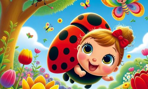 Ein kleiner Marienkäfer namens Lilli, mit roten Flügeln und schwarzen Punkten, lächelt fröhlich, während sie über einen bunten Garten fliegt. Ihre Augen funkeln vor Aufregung, während sie die Blumen unten zählt. Neben ihr tanzt ein Schmetterling mit bunten Flügeln und einem freundlichen, neugierigen Gesicht in der Luft und teilt Lillis Freude. Der Garten ist voller leuchtender Blumen wie gelben Tulpen, rosa Rosen und weißen Margeriten, unter einem klaren, sonnigen blauen Himmel. Im Hintergrund bietet ein majestätischer großer Baum Schatten, dessen Äste sich wie einladende Arme ausstrecken. Lilli und der Schmetterling bereiten sich darauf vor, eine kleine Feier auf einem Ast zu organisieren, umgeben von anderen fröhlichen Insekten, die sich ihnen anschließen, um den Sommer zu feiern.