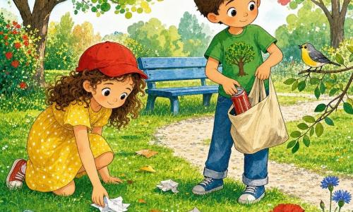Dos niños en un parque soleado: Ana, 6 años, cabello castaño rizado, gorra roja, vestido amarillo con motas, arrodillada a la izquierda recogiendo un papel y sonriendo; Tomás, 6 años, cabello corto castaño, camiseta verde con dibujo de árbol y vaqueros, de pie a la derecha poniendo una lata en una bolsa de tela; un pequeño pájaro amarillo y gris en una rama cercana los observa; césped verde, banco de madera azul, árboles con hojas redondeadas, flores rojas y azules, sendero de grava y algunas hojas y papeles; ambiente luminoso y alegre, colores vivos, estilo tinta y acuarela con texturas visibles.