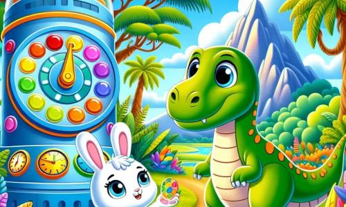 Lulú, un pequeño conejo de grandes orejas y pelaje blanco, está de pie con una expresión maravillada en su rostro, los ojos brillantes de curiosidad, frente a una máquina del tiempo brillante y colorida, llena de botones multicolores. A su lado, Dino, un gran brontosaurio de cuello largo y piel verde, sonríe amistosamente, sus ojos chispeando de alegría, mientras usa su cola para mostrarle a Lulú las maravillas de la prehistoria. El paisaje es un vasto y exuberante entorno prehistórico, con árboles gigantes de hojas vibrantes, helechos gigantes y un cielo azul brillante, salpicado de nubes esponjosas. Al fondo, majestuosas montañas se alzan, añadiendo un toque de magia a la escena. La situación principal muestra a Lulú y a Dino explorando juntos, Lulú señalando una deliciosa fruta colgando de una rama, mientras Dino se inclina para alcanzarla, ilustrando su amistad y aventura en este fascinante mundo.