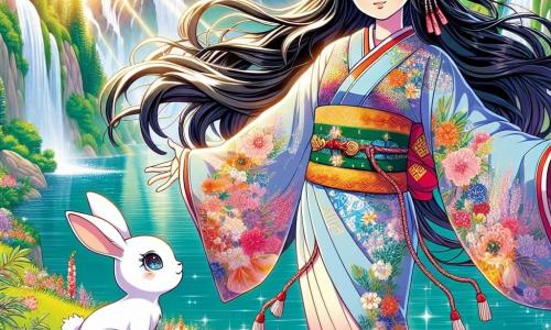 Aiko, młoda kobieta w wieku około 20 lat, z długimi, czarnymi i błyszczącymi włosami, nosi kolorowy kimono ozdobione kwiatowymi wzorami. Ma zdecydowane i marzycielskie spojrzenie, stojąc na brzegu magicznego jeziora z otwartymi ramionami, jakby przyjmowała piękno świata. Obok niej stoi Haru, mały biały królik z błyszczącymi oczami, który patrzy na Aiko z podziwem, gotowy ją wspierać w jej poszukiwaniach. Tło to czarujący krajobraz: krystalicznie czyste jezioro otoczone zielonymi górami i jaskrawymi kwiatami, z promieniami słońca przebijającymi się przez majestatyczne drzewa, tworząc atmosferę magii i spokoju. Główna scena pokazuje Aiko, pełną odwagi, gotową stawić czoła swoim lękom i odkryć magię, która ją otacza, podczas gdy Haru zachęca ją do podążania w stronę nieznanego.