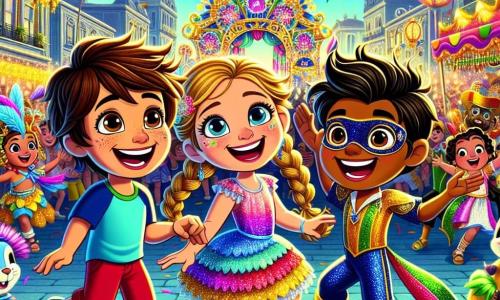 Em uma cena alegre de carnaval, três amigos estão no centro da praça animada. Miguel, um garoto de 12 anos com cabelo castanho bagunçado e um grande sorriso, usa uma camiseta colorida e shorts. À sua direita, Hannah, uma menina de 11 anos com tranças douradas e olhos brilhantes, veste um vestido brilhante decorado com penas. À esquerda, Leo, um garoto de 12 anos, exibe uma capa de super-herói cintilante e uma máscara divertida, com uma expressão cheia de energia. O ambiente é vibrante, decorado com guirlandas coloridas, balões flutuantes e barracas de guloseimas. Carros alegóricos desfilam ao fundo, enquanto confetes caem do céu azul. Os três amigos dançam alegremente no palco, cercados por criaturas fantásticas e outras crianças, todos prontos para participar de uma grande competição de dança. A atmosfera está repleta de risadas, música animada e uma magia palpável, capturando o espírito festivo do carnaval.