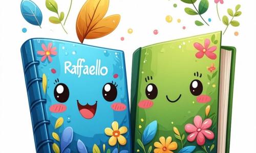 Raffaello, un quaderno blu brillante con motivi di animali e fiori, è al centro dell'immagine, mostrando un'espressione gioiosa e determinata. Le sue pagine sono aperte, rivelando disegni colorati e parole ispiratrici sull'amicizia e la diversità. Accanto a lui, Aisha, un quaderno con copertina verde decorata con motivi di fiori esotici, sorride con orgoglio. Le sue pagine emanano un profumo di spezie, e tiene una matita colorata, pronta a disegnare. Il contesto è un'aula luminosa, con muri decorati da disegni di bambini che rappresentano diverse culture. Le finestre lasciano entrare la luce del sole, illuminando i volti entusiasti degli studenti. La scena principale mostra Raffaello e Aisha mentre presentano la loro storia sulla diversità ai compagni di classe, che li ascoltano attentamente, creando un momento di condivisione e inclusione.