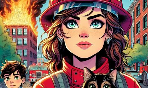 Eine Feuerwehrfrau, Rosa, steht stolz vor einem brennenden Gebäude, ihr Gesicht entschlossen und konzentriert, mit leuchtenden Augen und leicht geröteten Wangen vom Einsatz. Sie trägt einen leuchtend roten Anzug, einen glänzenden Feuerwehrhelm und hält einen leistungsstarken Feuerwehrschlauch bereit, um das Feuer zu löschen. Neben ihr schaut ein etwa 10-jähriger Junge namens Emil bewundernd zu. Er hat zerzauste braune Haare und trägt ein blaues T-Shirt. Er hält seine Katze Momo, eine kleine schwarze Katze mit grünen Augen, die sich an ihn schmiegt, mit einem Ausdruck der Erleichterung auf seinem Gesicht. Der Ort ist eine städtische Straße, mit Backsteingebäuden und grünen Bäumen im Hintergrund. Schwarzer Rauch quillt aus den Fenstern des brennenden Gebäudes, während Feuerwehrleute geschäftig umherlaufen, was eine dynamische und heldenhafte Atmosphäre schafft. Die Hauptsituation zeigt Rosa, die die Rettungsaktion leitet, während Emil, mit einem Funken Hoffnung in den Augen, darauf wartet, dass Momo in Sicherheit ist. Der Kontrast zwischen den lodernden Flammen und der Entschlossenheit der Charaktere schafft eine Szene voller Energie und Emotion.