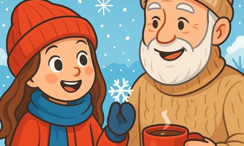 Una niña de 8 años, con largos cabellos castaños y mejillas sonrosadas, sonríe con asombro mientras sostiene un delicado copo de nieve en la punta de su guante. Lleva un abrigo rojo brillante, una bufanda azul y un gorro de lana, sus ojos brillan de emoción. A su lado, un hombre de unos 60 años, el vecino, con barba blanca y una cálida sonrisa, sostiene una taza de chocolate caliente, vestido con un grueso suéter de lana y un gorro de lana. Están en un jardín nevado, donde los copos caen suavemente a su alrededor, creando un paisaje mágico. La escena muestra la alegría de la niña descubriendo la nieve por primera vez, mientras el vecino le habla con amabilidad, compartiendo un momento de calidez humana en medio del invierno.