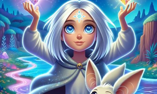 Lyra is a young woman with shimmering silver hair that floats gently around her like stars in space. Her deep blue eyes are filled with determination and wonder as she raises her arms to unite three glowing crystals above her head, emitting a brilliant light. Beside her, Nibbles, a small fluffy creature with large ears and round eyes, jumps with excitement, paws raised to the sky, ready to encourage her in this magical adventure. Their environment is a fantastical landscape of Eldoria, with vibrant crystalline trees, rivers of liquid light winding through the ground, and an indigo sky dotted with two bright moons. The scene captures the climax where Lyra combines the crystals to restore the Cosmic Nexus, creating an explosion of light that illuminates the landscape, while bursts of energy swirl around them, symbolizing the regained harmony in this magical universe.