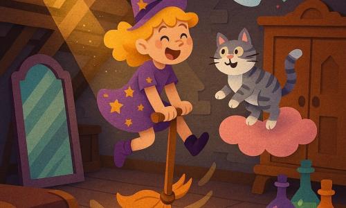 The scene shows Lily, an apprentice witch—joyful and mischievous with curly blonde hair, a purple starry dress and small pointed hat—bouncing on a pogo-like broom in a warm, cluttered attic with dark wooden beams, worn leather trunks, dusty open books, glowing colorful vials and a large antique mirror; Mr. Whiskers, a gray-and-white tabby cat, floats amusedly on a small pink cloud bubble near the broom while Boo, a round smiling translucent ghost, twirls above an old wardrobe sprinkling colorful sparks; golden rays filter through a skylight casting cut shadows and sparkling reflections, and the composition is dynamic with bright contrasting colors—violets, pinks, golds and soft greens—paper-cut textures and crisp outlines.