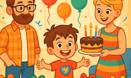 An 8-year-old boy, Max, with messy brown hair and sparkling eyes, stands in the center of the room, a big smile on his face. He wears a red t-shirt with a superhero design and blue shorts. Next to him, his parents, Mr. and Mrs. Johnson, watch him with proud and loving expressions. Mr. Johnson, a man in his forties with glasses and a light beard, wears a plaid shirt and jeans. Mrs. Johnson, a smiling woman in her thirties with her blonde hair in a bun, is dressed in a colorful dress and holds a birthday cake decorated with candles. The scene takes place in a festive living room filled with colorful balloons floating from the ceiling, sparkling garlands, and a large table adorned with a chocolate birthday cake. Colorful gifts are scattered around the room, adding to the joyful atmosphere. Max, overflowing with excitement, has just discovered his birthday presents, his eyes shining with wonder as he turns to his parents to share his joy.