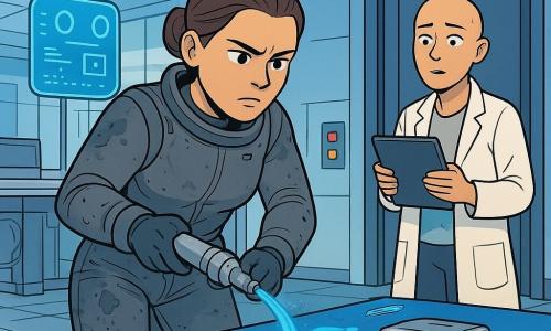 Mara Quill, adult woman with a determined, focused face, lips tight and attentive eyes, in a worn grey spacesuit with oil stains, holds a small silver sterilizer spraying a fine mist on a shiny blue sheet; Dr. Hana Voss, ~40, shaved head, tired but relieved, in a white lab coat holding a tablet stands near the security door slightly behind Mara to the right; Finch is a small floating blue holographic interface above Mara's left shoulder showing numbers and a mini room map; the lab is a modern glass-walled room with bright panels, smooth tiled floor and sensor glows; vivid electric-blue biofilm forms shiny, undulating patches on the floor and around an electrical panel; Mara is cutting a thin biofilm connection between a box labeled EUROPA SAMPLE and the floor as the film retracts toward two small heated bait units and panel indicators switch from red to amber; clear composition, contrasting colors, clean-line style, flat colors, readable expressions and calm dynamism.