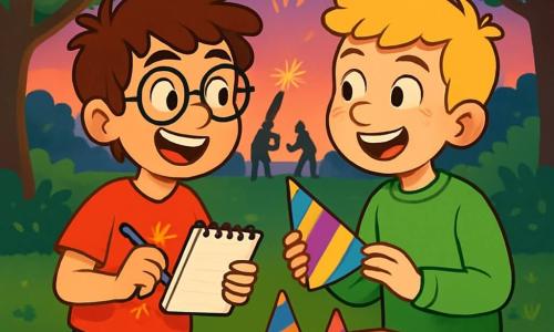 There are two main characters: Max, a 10-year-old boy with messy brown hair and round glasses, wearing a red t-shirt with a firework pattern and blue shorts. He holds a notebook in one hand and a pen in the other, smiling enthusiastically. Leo, also 10, has blonde hair and freckles, wearing a bright green sweater and black pants. He is holding a colorful party hat and looking at Max with a big smile. The scene takes place in Max's garden, decorated with sparkling lights hanging from the trees. There is a large table covered with confetti, colorful party hats, and small paper cups. In the background, neighbors are preparing fireworks, and the sky is tinted with shades of purple and orange at sunset. The main situation shows Max and Leo standing in the garden, excitedly discussing their ideas for the New Year's party, surrounded by festive decorations and a joyful atmosphere, ready to make the evening unforgettable.