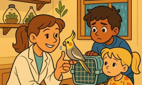 A gentle, smiling female veterinarian with light brown hair in a ponytail and a light smudged lab coat kneels at a small wooden exam table, holding a gray-and-yellow cockatiel named Pip delicately on her finger while gently examining its beak; a worried-but-hopeful 10-year-old boy with messy brown hair and a blue t-shirt stands to the right leaning on a transport cage, and a curious 6-year-old girl in a floral dress with blonde pigtails stands to the left holding a colorful towel and her brother’s hand; the cozy clinic has cream walls with animal posters, wooden shelves with jars and terrariums, a large “balanced diet” poster and pixelated rain visible at the window; warm, soft lighting and a centered composition focus on hands and gazes to emphasize care and reassurance.