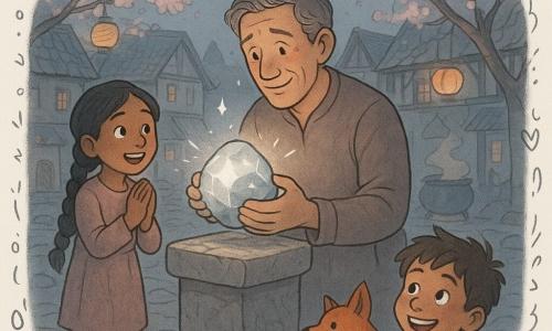 An adult man, Ren, with a gentle, smile‑lined face and determined, moved gaze, carefully places a warm silver‑glowing moonstone on an old stone pedestal in the village center; to his left a ~10‑year‑old girl with braided black hair and clasped hands stands on a wooden step, eyes wide in admiration; in the foreground right a ~8‑year‑old boy with tousled hair plays with a small wooden toy and looks up, beaming; a red fox sits on a nearby rock watching like a silent guide; the small paved square is ringed by wooden houses with tiled roofs, cherry blossoms lit by the silver light, hanging lanterns and soup steam from a large cauldron — the moonstone restores light and peace, warm despite the night, with blue shadows and silver highlights in a soft palette of pearl gray, pale pink, brown wood and silver.