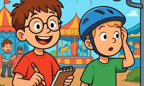 An 8-year-old boy, Elliott, with messy brown hair and round glasses, stands in the center of the image, his face lit up by an excited smile. He wears a bright red t-shirt and blue shorts, holding a small detective notebook in one hand and a pencil in the other, ready to jot down clues. Next to him is his friend Sam, also 8, with blonde hair and sparkling eyes, wearing a bike helmet and a green t-shirt, attentively observing a security camera with a curious expression. In the background, the scene takes place at a colorful fair, with spinning rides, game booths, and floating balloons, creating a joyful and lively atmosphere. Elliott and Sam are solving the mystery of a missing book, surrounded by children's laughter and the sweet smell of cotton candy, as they search the area for clues.