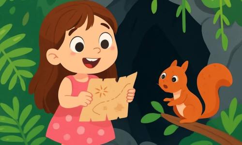 A 6-year-old girl named Lily, with long brown hair and sparkling curious eyes, stands in front of a large dark cave, her face lit up by an excited smile. She wears a pink polka-dot dress and rubber boots, holding an old treasure map in her hands. Beside her, a curious and mischievous little squirrel with reddish fur climbs a low branch, watching Lily with bright eyes. The cave is surrounded by large green ferns and hanging vines, with gray, damp rocks glistening slightly in the sunlight. The cave entrance is hidden behind a curtain of leaves, creating a mysterious and magical atmosphere. Full of enthusiasm, Lily prepares to enter the cave, her heart racing at the thought of discovering the hidden treasure.
