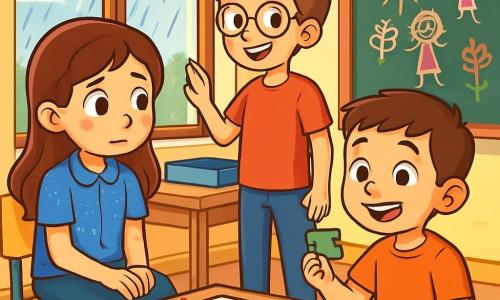 Există 3 personaje: - Mara: o fetiță de 9 ani, cu păr lung și castaniu și ochi strălucitori. Poartă o bluză de școală albastră cu motive florale. Este așezată pe un scaun, cu mâinile pe genunchi, având un aer puțin îngrijorat dar hotărât. - Andrei: un băiat de 10 ani, cu păr șaten și ochelari rotunzi. Poartă un tricou roșu și o pereche de blugi. Stă în picioare lângă fereastră, privindu-se la ploaie cu un zâmbet încurajator. - Tibi: un băiat de 9 ani, cu păr scurt și un aparat auditiv roșu. Este așezat pe podea, înconjurat de piese de puzzle, și zâmbește fericit, ținând o bucată de puzzle în mână. Locul se desfășoară într-o clasă luminoasă, cu pereți vopsiți în galben deschis și feronerie mare deschisă lăsând să intre lumina. Jocurile de societate sunt împrăștiate pe mese, iar o tablă mare este plină de desene colorate ale copiilor. Afară, se pot vedea picături de ploaie alunecând pe geamuri, creând un efect de neclaritate. Situația principală arată cei trei prieteni jucându-se împreună la un joc de societate, așteptând întoarcerea mamei lui Mara. Mara, deși puțin anxioasă, începe să zâmbească jucându-se cu prietenii ei, în timp ce Andrei și Tibi o încurajează cu gesturi prietenoase și râsete.