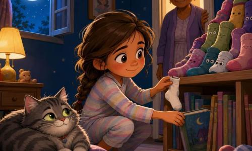 Niña de 8 años, emocionada y serena, mejillas sonrosadas y ojos brillantes, pelo castaño claro en trenza desordenada, con pijama de rayas pastel, se agacha frente a una estantería y desliza un pequeño libro ilustrado mientras ofrece medio calcetín blanco; un gato gris atigrado llamado Calcetín, de pelaje esponjoso y ojos verdes, acurrucado cerca la mira con aire protector; la abuela de unos 70 años, pelo blanco en moño y sonrisa dulce, vela la escena junto a la puerta iluminada por una lámpara; en la estantería hay una pequeña pila de calcetines coloridos, algunos con ojos bordados; la habitación nocturna y cálida, paredes azul noche, guirnalda de estrellas, lámpara amarilla y una ventana que deja pasar la luz de la luna sonriente crean una atmósfera apacible y segura mientras la niña guarda la historia antes de dormir.