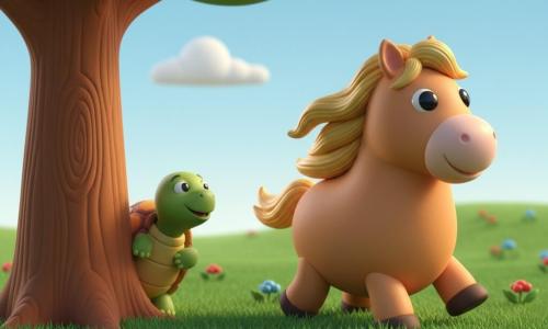 Un caballo marrón claro de cuerpo redondo y liso, gran cabeza sonriente, crin dorada brillante y ojos negros vivaces, trotando ligeramente hacia un gran árbol; una tortuga verde pequeña con caparazón texturizado en motivos naranja y amarillo, expresión contenta y traviesa, parcialmente oculta tras el tronco a la izquierda del caballo; pradera amplia y verde con hierba corta y flores rojas y azules, colina suave al fondo, cielo azul claro con nubes blancas y luz cálida de mañana; escena central: juego de escondite tierno y juguetón entre ambos, atmósfera suave, colores vivos y siluetas redondeadas y simplificadas tipo juguetes de plastilina.