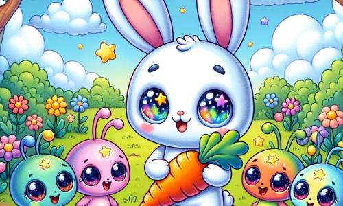 An illustration depicts a small white rabbit with large ears and sparkling curious eyes, standing on its hind legs with a joyful smile. It holds a carrot in its front paws, ready to share. Next to it are three small, round, colorful aliens with shiny star-like skin. The first, a boy with star-shaped eyes, looks amazed, while the second, a girl with sparkling antennas, beams with a big smile. The third, a young boy with rosy cheeks, gazes at the carrot with fascination. They form a circle around the rabbit, captivated by its presence. The main setting is a lush garden filled with vibrant flowers, tall green trees, and a blue sky dotted with fluffy clouds. In the background, a small stream sparkles in the sunlight. The main scene shows the rabbit sharing a carrot with its new alien friends, all laughing and marveling at the flavors of Earth. Additional graphic elements include colorful butterflies fluttering around, birds singing in the trees, and a joyful, friendly atmosphere that highlights the wonder and friendship among the characters.