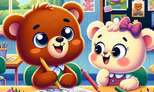 In het midden van de afbeelding zit Benny, een kleine teddybeer met een zachte bruine vacht en sprankelende ogen, aan een klaslokaaltje, enthousiast glimlachend terwijl hij kleurpotloden vasthoudt. Naast hem kijkt Lila, een kleine berenmet een crèmekleurige vacht en glanzende ogen, met bewondering naar haar tekening, haar wangen blozend van opwinding. Het klaslokaal is helder en kleurrijk, met muren versierd met kindertekeningen, planken vol boeken en een groot raam dat zonlicht binnenlaat, waardoor het schoolbord achterin wordt verlicht. Benny en Lila werken samen aan een kunstproject, omringd door kleurrijke papieren en kunstbenodigdheden, terwijl ze lachen en hun ideeën delen om een werk te creëren dat hun vriendschap symboliseert.
