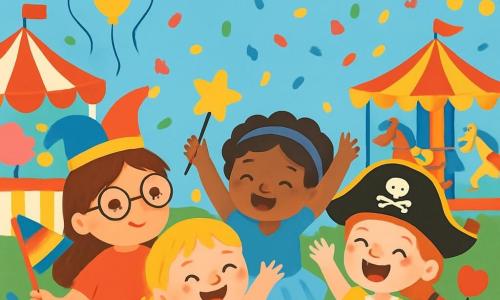 There are 4 children: - Mila: a 5-year-old girl with long brown hair and round glasses. She wears a clown-shaped hat and holds a small colorful flag. - Rosie: a 4-year-old girl with braided blonde hair and a bright smile. She wears a pink polka dot dress and shakes a star-shaped rattle. - Lila: a 5-year-old girl with curly hair and a purple headband. She wears a blue tutu and dances with her arms in the air, full of joy. - Bella: a 4-year-old girl with red hair and freckles. She wears a pirate hat and laughs while holding a heart-shaped balloon. The four girls stand together in the center of a colorful carnival, surrounded by candy stands, sparkling rides, and garlands of lights. Balloons float in the blue sky, and multicolored confetti falls around them. The main scene shows the girls dancing and laughing under a shower of confetti, while joyful music fills the air, creating a festive and magical atmosphere.