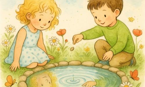 Dos niños de unos 6 años: una niña de rizos dorados con vestido azul claro de lunares, sentada a la izquierda junto al pequeño estanque mirando su reflejo con una mano en la hierba; un niño de cabello castaño corto con jersey verde manzana, sentado a la derecha lanzando una piedra que provoca ondas concéntricas. Están en un campo soleado de flores silvestres y hierba verde bajo un cielo azul con nubes esponjosas; al centro un estanque redondo y poco profundo bordeado de piedras lisas, con mariposas en las flores. Ambiente tranquilo y poético, trazo de tinta colorida, tonos pastel y texturas de acuarela.