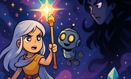 Elara, uma jovem com longos cabelos prateados e olhos brilhantes como estrelas, está orgulhosamente no centro do palco, segurando o Cetro Cósmico cintilante. Seu rosto expressa uma determinação radiante, iluminado pela luz mágica que emana do objeto. Ao seu lado, Orin, um pequeno robô flutuante com uma carcaça metálica brilhante e olhos luminosos, observa com admiração, seus circuitos brilhando de alegria. O ambiente é uma dimensão fantástica onde estrelas coloridas flutuam em um céu escuro, criando um fundo mágico. Nebulosas giram ao redor, com tons de roxo, azul e rosa, enquanto cristais luminosos emergem do solo, adicionando um toque de mistério à atmosfera. A cena mostra Elara e Orin frente a Vendra, uma imponente bruxa das trevas, cuja silhueta está envolta em sombras giratórias. Vendra, com seus cabelos negros como a noite e olhos penetrantes, parece hesitar, confrontada com a luz brilhante do Cetro. A tensão é palpável enquanto Elara se prepara para defender o universo com coragem e esperança.