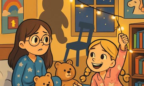 There are two main characters: Ellie, an 8-year-old girl with long brown hair and round glasses, wearing a blue pajama with white stars, sitting on her bed surrounded by stuffed animals, looking slightly worried as she gazes towards the corner of the room; and Lila, also 8, with braided blonde hair and a big smile, wearing a pink pajama with unicorns, lying on the bed holding a string of twinkling lights, appearing joyful and confident, ready to share stories. The scene takes place in Ellie's bedroom, decorated with colorful posters and a bookshelf filled with books. The soft light from the fairy lights illuminates the room, creating dancing shadows on the walls, while a starry sky is visible through the window, adding a magical touch to the atmosphere. The main situation shows Ellie and Lila playing with shadows in the room, laughing as they name the shapes projected on the walls, turning the fear of the dark into a fun and imaginative adventure, with friendly shadow shapes like a teddy bear and a chair with long legs as they invent stories.