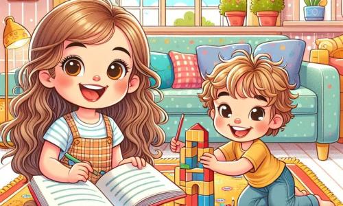 Ein 7-jähriges Mädchen, Emma, mit langen, welligen braunen Haaren und großen neugierigen Augen, sitzt auf einem bunten Teppich in ihrem Wohnzimmer. Sie lächelt fröhlich und hält ein offenes Buch in ihren Händen, umgeben von verstreuten Spielzeugen. Neben ihr sitzt ihr 5-jähriger Bruder Max mit zerzausten blonden Haaren und einem strahlenden Lächeln. Er baut einen Turm aus Holzklötzen, mit leuchtenden Augen der Aufregung, und schaut bewundernd zu seiner Schwester. Das Wohnzimmer ist warm und einladend, mit pastellgelben Wänden, bunten Kissen auf dem Sofa und einem großen Fenster, das Sonnenlicht hereinlässt und den Raum erhellt. Die Hauptsituation zeigt Emma und Max, die zusammen spielen, den Spaß am Bildschirmfreien Zeitvertreib entdecken, voller Lachen und Fantasie, und fröhliche Erinnerungen in ihrem Zuhause schaffen.