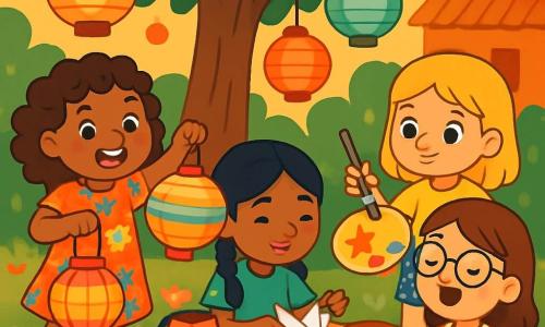 There are 4 children: Amina, an 8-year-old girl with curly brown hair, wearing a colorful dress adorned with floral patterns, smiling joyfully while holding a paper lantern; Noor, an 8-year-old girl with braided black hair, dressed in a green t-shirt and jeans, sitting cross-legged on the ground, folding a piece of paper to make a crane; Lara, an 8-year-old girl with straight blonde hair, wearing a yellow blouse and denim shorts, standing with a brush and a paint palette, drawing stars on a lantern; and Sam, an 8-year-old girl with brown hair and glasses, dressed in a polka-dot dress, standing next to Amina, singing a sweet melody while holding a small jar of honey. The setting is a garden at dusk, bathed in golden light, with a large fig tree in the center providing shade. Colorful paper lanterns hang from the branches, casting bright patterns on the ground, which is covered in green grass and small colorful flowers, with a clay-walled house visible in the background. The main scene shows the four friends gathered around a table, making paper lanterns and small food bags to share with their community, laughing and exchanging stories, creating a warm and joyful atmosphere full of camaraderie and magic.