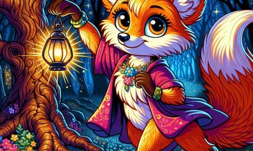 A young fox with bright orange fur and determined eyes stands proudly in front of an ancient tree, the Midnight Maple, whose twisted branches extend like protective arms. She raises a small, sparkling lantern, illuminating her brave face, while a gentle breeze makes her pointed ears dance. Beside her, a playful squirrel with brown fur and a bushy tail looks on with admiration, his eyes sparkling with excitement as he perches on a low branch, ready to cheer for his friend. The setting is a mysterious forest where shadows dance among the trees, and wildflowers color the ground with vibrant hues, contrasting with the surrounding darkness. The scene is enveloped in a magical atmosphere, with twinkling stars piercing the night sky. The main situation shows the fox facing a dark, menacing silhouette, the Whisper, twisting in the shadows with cold, bright eyes. The lantern light illuminates the fox's determined face while the squirrel encourages her, creating a moment of bravery in the face of fear.