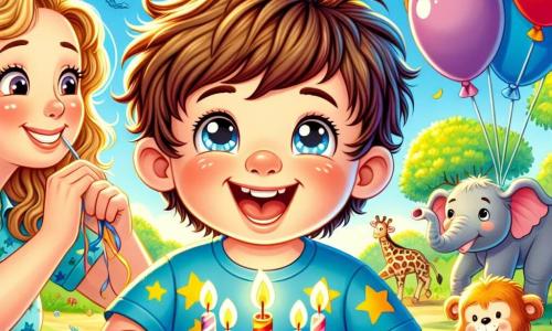 Un bambino di 2 anni, di nome Luca, con capelli castani e occhi scintillanti di gioia, sorride ampiamente tenendo un grande pallone colorato. Indossa una maglietta blu con stelle e un pantaloncino giallo. Accanto a lui, sua madre, una donna sorridente di circa 30 anni con capelli lunghi e ricci, lo guarda con tenerezza, tenendo una torta di compleanno decorata con candele scintillanti. La scena si svolge in uno zoo soleggiato, con alberi verdi lussureggianti e animali colorati sullo sfondo, come un elefante e una scimmia che si divertono. Luca sta soffiando le candeline della sua torta di compleanno, circondato da risate e felicità, mentre gli animali sembrano incoraggiarlo con espressioni amichevoli.