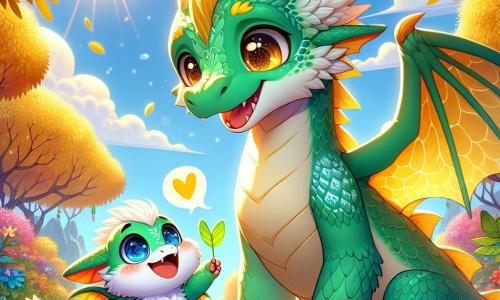 Un piccolo drago di nome Poffy, con squame verdi brillanti e ali morbide come nuvole, si trova davanti a suo padre drago, gli occhi scintillanti di gioia e un grande sorriso sul volto. Suo padre, un drago maestoso con squame dorate, lo guarda con orgoglio, le sue grandi ali spiegate dietro di lui e un sorriso caloroso che illumina il suo viso. Intorno a loro, il paesaggio è un magnifico boschetto pieno di fiori colorati e alberi con foglie dorate, sotto un cielo blu chiaro punteggiato di nuvole soffici. Raggi di sole filtrano attraverso i rami, creando un'atmosfera calda e gioiosa. La scena rappresenta Poffy che, con entusiasmo, offre a suo padre un cuore disegnato su una foglia, esprimendo il suo amore e la sua gratitudine per lui. I due draghi sono circondati dai loro amici animali, come una volpicchiotta dagli occhi brillanti e un piccolo gufo curioso, tutti sorridenti e ammirando il momento tenero tra padre e figlio.