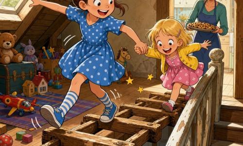 Sofia, 8 anni, sorridente e maliziosa, capelli castani in coda, in vestito a pois blu e calzini a righe, avanza con equilibrio su una vecchia scala di legno tendendo la mano alla sorella; Martina, 5 anni, bionda e gioiosa, in vestito rosa e gilet giallo, la tiene ridendo; la madre di circa 35 anni, capelli raccolti, sorride tenendo un vassoio di biscotti nell'anta della porta della cucina; scale consumate con venature e vernice scrostata, luce calda del sole dall'alto, giocattoli sparsi vicino alla botola; le bambine fingono di scappare da coccodrilli immaginari con espressioni esagerate, risate, movimento dinamico, piccole stelline e linee di moto per enfatizzare il gioco; colori vivaci, contorni morbidi, atmosfera gioiosa e ludica.