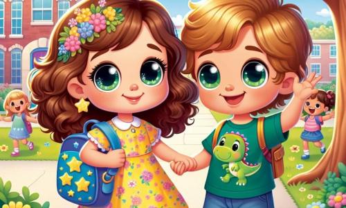 Una niña de 4 años, Clara, con grandes ojos brillantes y cabello castaño rizado, lleva un vestido de flores amarillas. Ella sonríe y mira con asombro su nueva escuela, sosteniendo una bonita mochila azul decorada con estrellas doradas. A su lado, un niño de 4 años llamado Lucas, con una camiseta verde con un motivo de dinosaurio, sonríe y señala un gran árbol en el patio de recreo. La escena tiene lugar en un patio escolar soleado, rodeado de edificios coloridos, con niños jugando y riendo alrededor. Flores multicolores bordean el camino y un gran cartel "Bienvenidos a la escuela" está colgado en una pared. Clara y Lucas, de la mano, están listos para entrar a la escuela, llenos de emoción y anticipación por su primer día de clase.