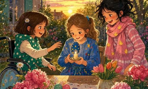 Ci sono tre bambine di circa 9 anni: Matilde, capelli castano chiaro raccolti in coda, veste blu con macchie di pittura, tiene un uovo blu decorato con stelle dorate posato su una piccola candela; Serena, capelli castani corti, seduta su una sedia a rotelle decorata con margherite e indossa un gilet verde smeraldo a pois, sorride e porge la mano da sinistra; Giada, capelli neri spettinati, sciarpa rosa con pulcini e vestito rosa a righe bianche, in piedi a destra ride guardando la candela, tutte e tre riunite attorno a un tavolo di legno in un giardino di famiglia al crepuscolo con fiori e qualche uovo dipinto, soffiano insieme la piccola candela sull'uovo blu in un'atmosfera calda e complice, luce bassa e tocchi dorati sulle stelle.