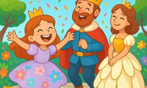 La principessa Lilla, una giovane ragazza gioiosa di circa 8 anni, indossa un vestito scintillante dai colori pastello, con motivi floreali e calze spaiate, una a pois rosa e l'altra a righe verdi. Ride di cuore, con gli occhi scintillanti di malizia, mentre danza sulla terrazza di pietra. Accanto a lei, il re, un uomo gioviale di una cinquantina d'anni, indossa una corona fatta di carote e zucchine, ridendo a crepapelle. La regina, una donna elegante di quarant'anni, è vestita con un abito di petali di margherita, sorridendo teneramente guardando sua figlia. Il decor è una terrazza in pietra, circondata da fiori multicolori che danzano al ritmo del vento, con alberi dai tronchi attorcigliati e nuvole a forma di caramelle che fluttuano in un cielo blu splendente. La scena rappresenta la festa dei Fiori Frizzanti, dove tutti i personaggi si divertono a danzare e ridere insieme, mentre coriandoli colorati cadono dal cielo, creando un'atmosfera magica e gioiosa.