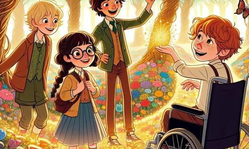In una foresta incantata, quattro bambini di 9 anni si trovano al centro di un campo di fiori colorati. Marco, un ragazzo con i capelli castani disordinati e un grande sorriso, indica un magnifico Fiore della Fortuna scintillante. A destra, Giulia, una ragazza con i capelli biondi e occhiali rotondi, osserva il fiore con curiosità. A sinistra, Tommaso, un ragazzo con i capelli rossi e lentiggini, racconta una storia divertente, mentre Luca, un ragazzo con i capelli castani, ride seduto sulla sua sedia a rotelle. La foresta è piena di alberi dai tronchi contorti e creature fantastiche volano intorno. I bambini stanno scoprendo il Fiore della Fortuna, un fiore magico che cambia colore, e si preparano a esprimere un desiderio per tornare a casa dopo una giornata di avventure e risate.