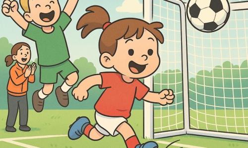 Ein glückliches, strahlendes Mädchen, Lena, mit kastanienbraunem Pferdeschwanz trägt ein rotes Trikot, weiße Shorts und blaue Fußballschuhe und schießt lächelnd den Ball aufs Tor; ein etwa achtjähriger Junge, Max, kurz blondes Haar, grünes Trikot, springt links von Lena mit erhobenen Armen und ruft Tor; eine erwachsene Trainerin in den Dreißigern mit zusammengebundenem braunem Haar und orangefarbener Sportjacke klatscht an der Seitenlinie; der Rasen ist kurz gemäht mit weißen Linien und einem weißen Tornetz, der Ball schwebt knapp über der Torlinie, dynamische Bewegung, aufspritzendes Gras, lächelnde Gesichter und kräftige Farben, klare, kindgerechte Komposition.