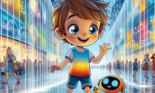 Ein 10-jähriger Junge namens Leo mit zerzausten braunen Haaren und neugierigen Augen steht vor einem beeindruckenden interaktiven Wasserfall. Er trägt ein buntes T-Shirt und Shorts, und sein Gesicht zeigt Staunen, während er seine Hand nach dem glitzernden Wasser ausstreckt, das lebhafte Lichter um ihn herum projiziert. Neben ihm schwebt sein bester Freund Zippy, ein kleiner orangefarbener Roboter mit runden Formen und leuchtenden Augen, fröhlich und gibt freudige Geräusche von sich. Der Ort ist der belebte Markt von Luminara, wo futuristische Gebäude aus Glas und Metall in der Sonne funkeln und fliegende Fahrzeuge am blauen Himmel gleiten. Die Straßen sind mit leuchtenden Platten gepflastert, die lebendige Farben ausstrahlen, und lächelnde Menschen bewegen sich um sie herum, fasziniert von der Magie des Wasserfalls. Die Hauptsituation zeigt Leo und Zippy, die mit den Lichtern des Wasserfalls spielen, während Leo vor Freude lacht und die Magie der Interaktion mit dem Wasser entdeckt, während Passanten stehen bleiben, um das Schauspiel zu bewundern.