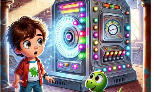 Um garoto de 8 anos, Lucas, com cabelos castanhos bagunçados e olhos brilhantes de curiosidade, está diante de uma máquina do tempo brilhante, cheia de botões coloridos e luzes cintilantes. Ele veste uma camiseta vermelha com um dinossauro desenhado e um short azul, seu rosto expressa maravilha e empolgação enquanto se prepara para apertar um botão. Ao seu lado, um pequeno dinossauro verde, com grandes olhos redondos e um sorriso amigável, está em suas patas traseiras, pronto para brincar. O cenário é uma sala empoeirada de um velho prédio abandonado, com paredes de tijolos e grafites coloridos. Teias de aranha pendem dos cantos, e raios de luz entram pelas janelas quebradas, iluminando a máquina do tempo no centro da sala. A cena principal mostra Lucas, com o coração acelerado, pronto para viver uma aventura incrível viajando no tempo, enquanto o dinossauro o incentiva com um olhar alegre, criando uma atmosfera de empolgação e mistério.